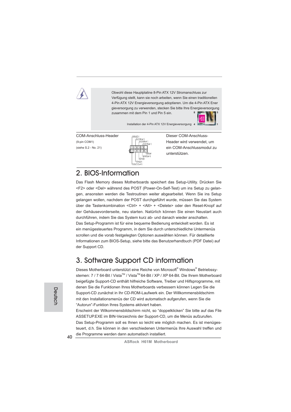 Bios-information, Software support cd information, Deutsch | ASRock H61M User Manual | Page 40 / 158