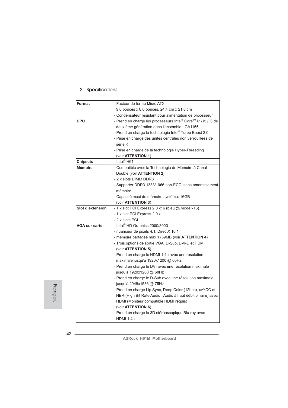 2 spécifications, Français | ASRock H61M User Manual | Page 42 / 158