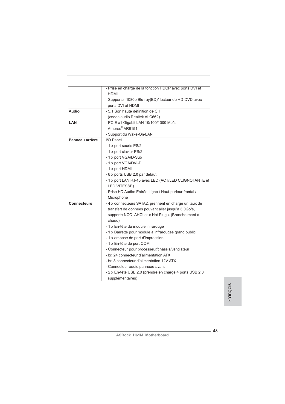 Français | ASRock H61M User Manual | Page 43 / 158