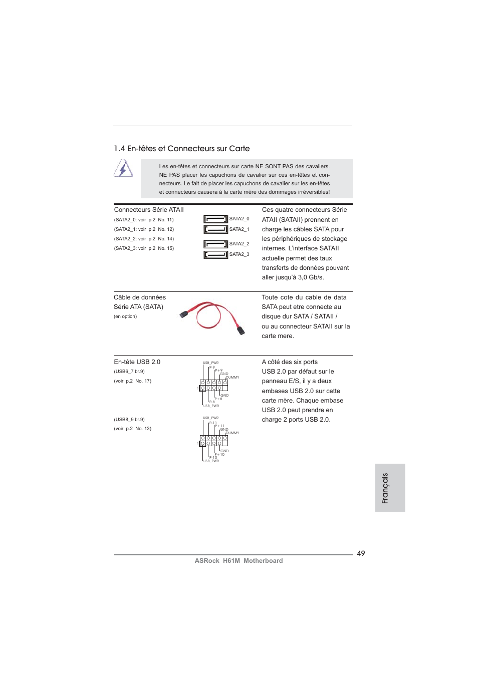 Français 1.4 en-têtes et connecteurs sur carte | ASRock H61M User Manual | Page 49 / 158