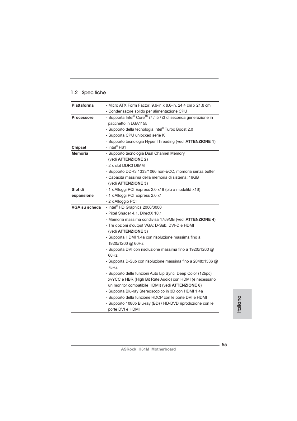 Italiano 1.2 specifiche | ASRock H61M User Manual | Page 55 / 158