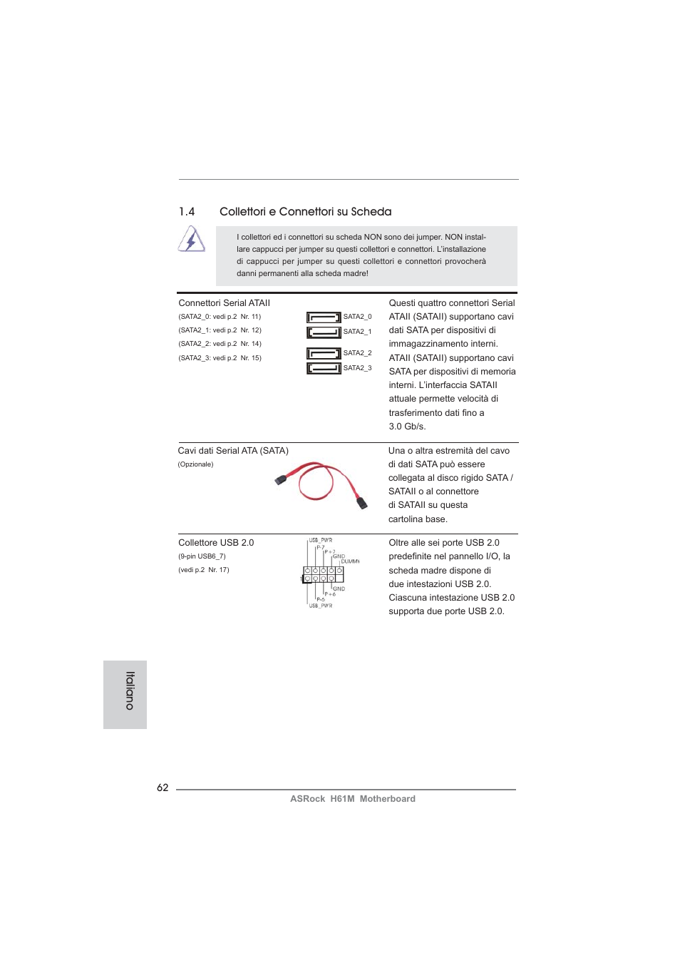 4 collettori e connettori su scheda, Italiano | ASRock H61M User Manual | Page 62 / 158