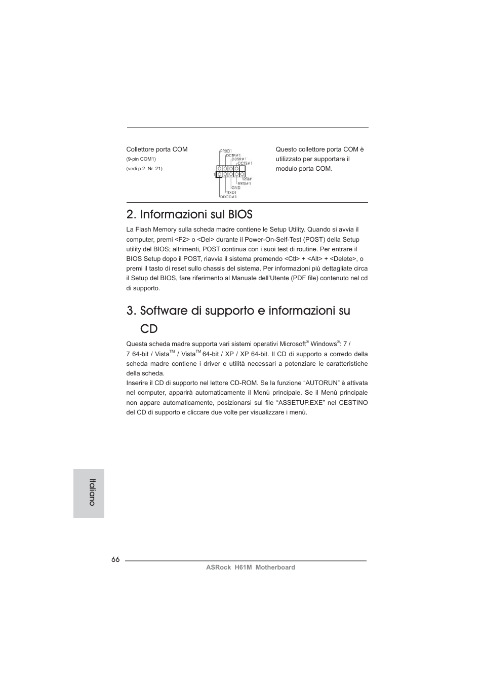 Informazioni sul bios, Software di supporto e informazioni su cd, Italiano | ASRock H61M User Manual | Page 66 / 158