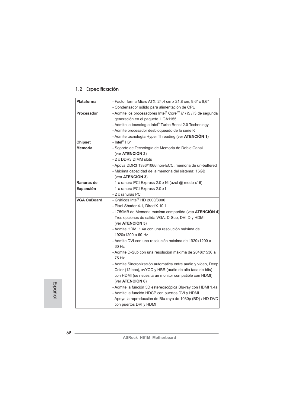 2 especificación, Español | ASRock H61M User Manual | Page 68 / 158