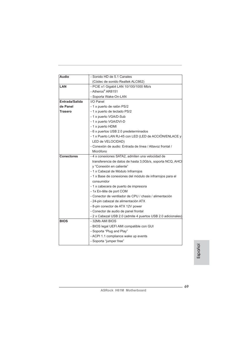 Español | ASRock H61M User Manual | Page 69 / 158