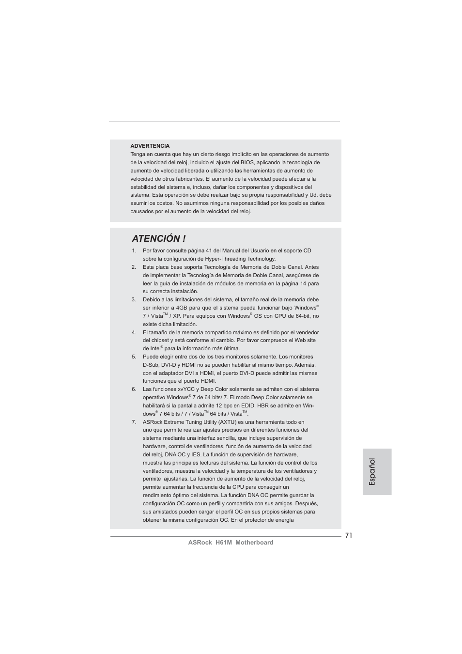 Atención, Español | ASRock H61M User Manual | Page 71 / 158