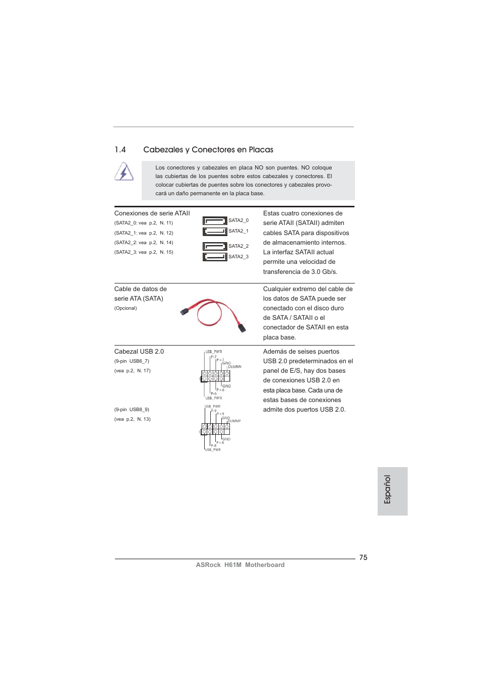 Español 1.4 cabezales y conectores en placas | ASRock H61M User Manual | Page 75 / 158