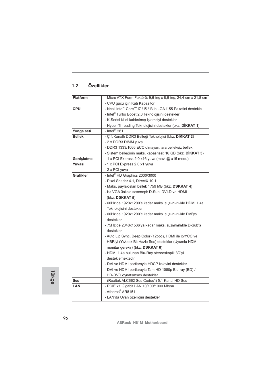 2 özellikler, Türkçe | ASRock H61M User Manual | Page 96 / 158