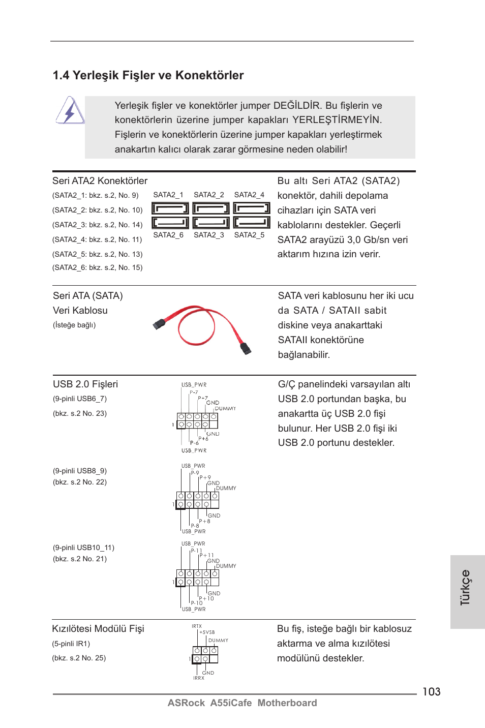 Türkçe, 4 yerleşik fişler ve konektörler | ASRock A55iCafe User Manual | Page 103 / 115