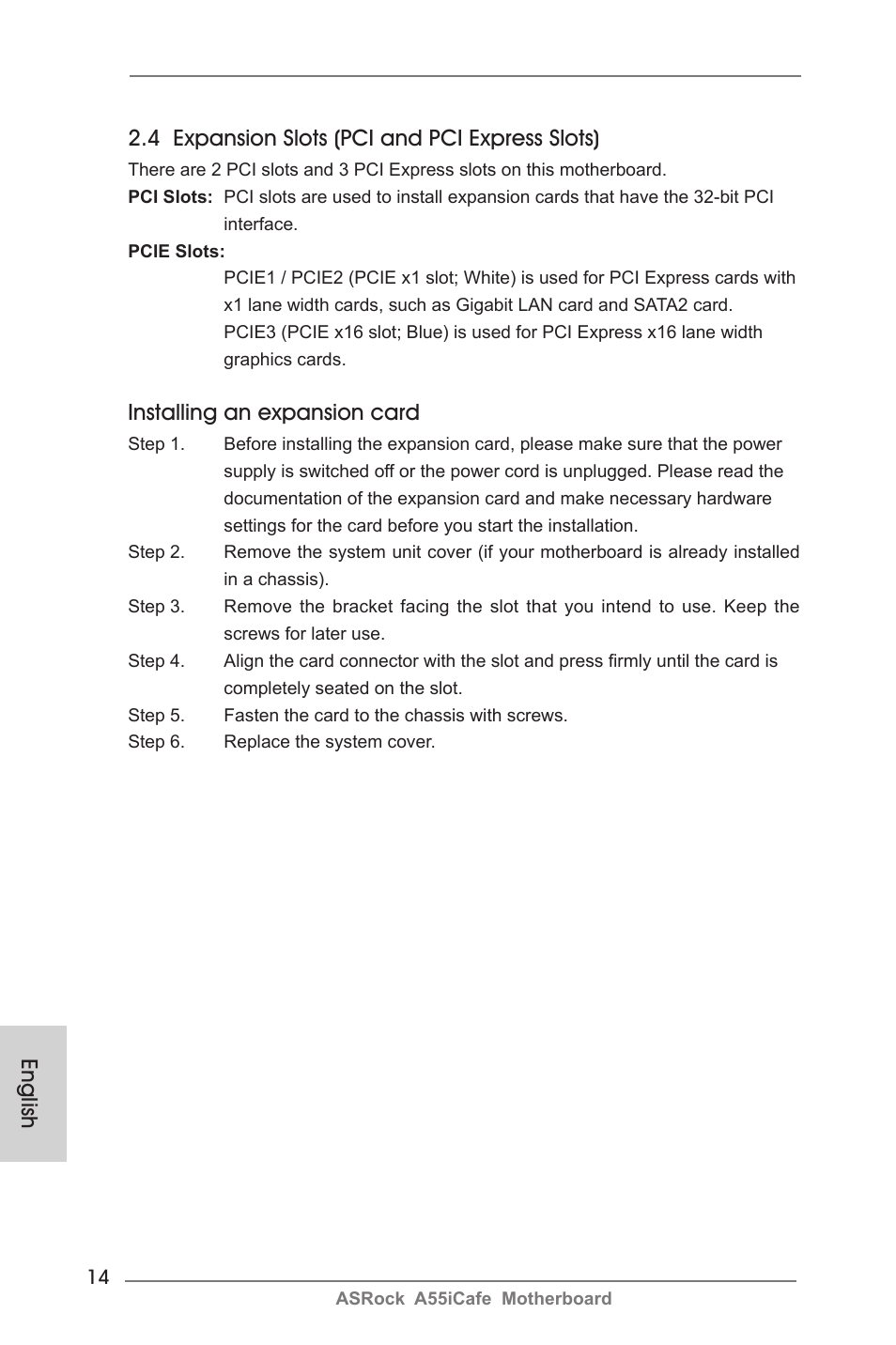Installing an expansion card | ASRock A55iCafe User Manual | Page 14 / 115