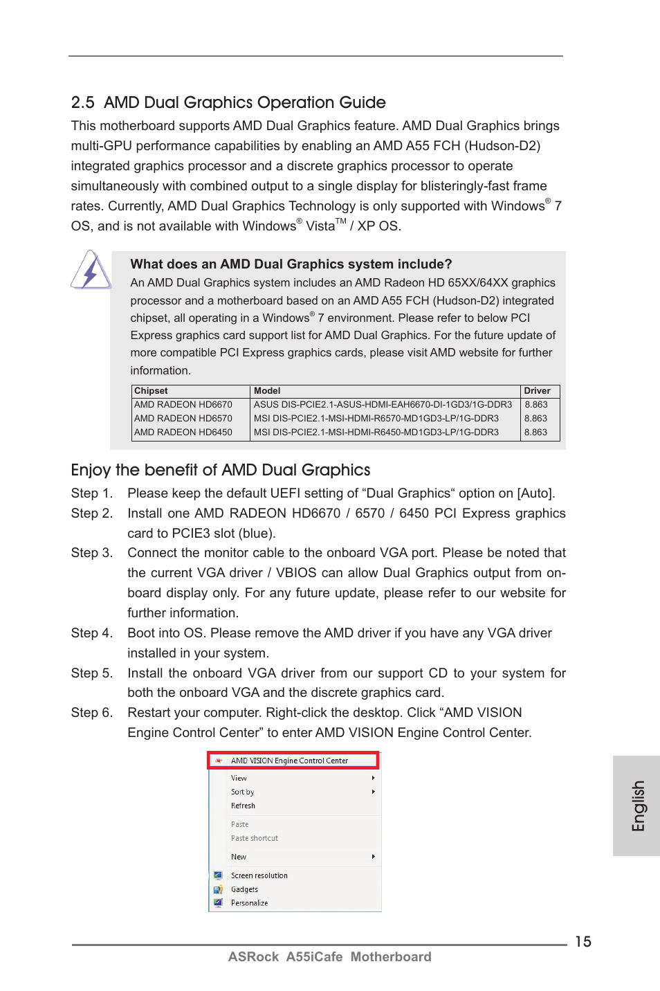 English 2.5 amd dual graphics operation guide, Enjoy the benefit of amd dual graphics | ASRock A55iCafe User Manual | Page 15 / 115