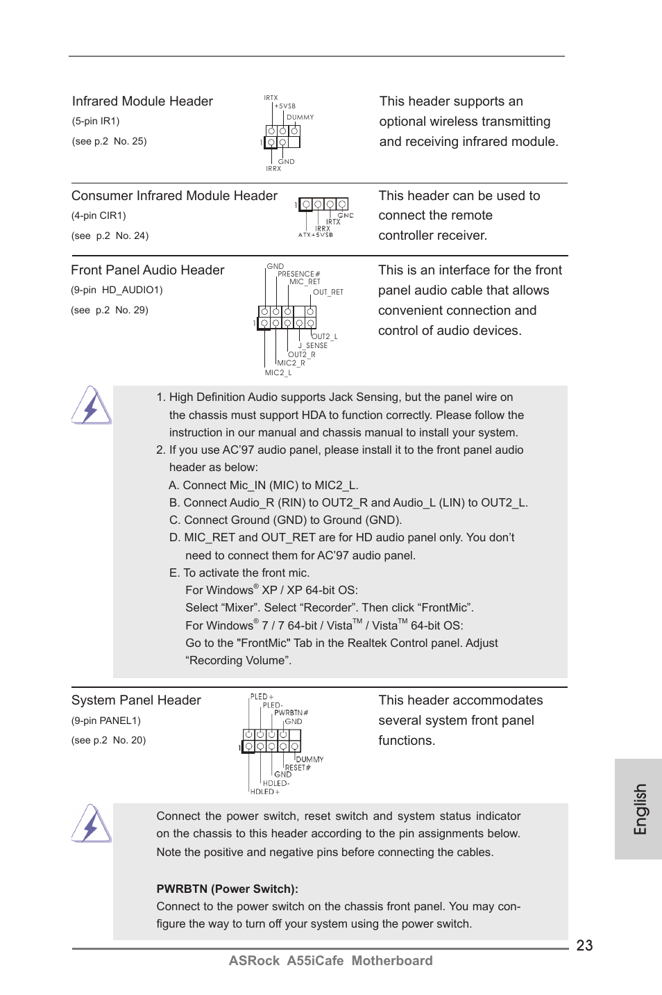 English, Asrock a55icafe motherboard, Infrared module header this header supports an | Optional wireless transmitting, Panel audio cable that allows, Connect the remote, Controller receiver, System panel header this header accommodates, Several system front panel, Functions | ASRock A55iCafe User Manual | Page 23 / 115