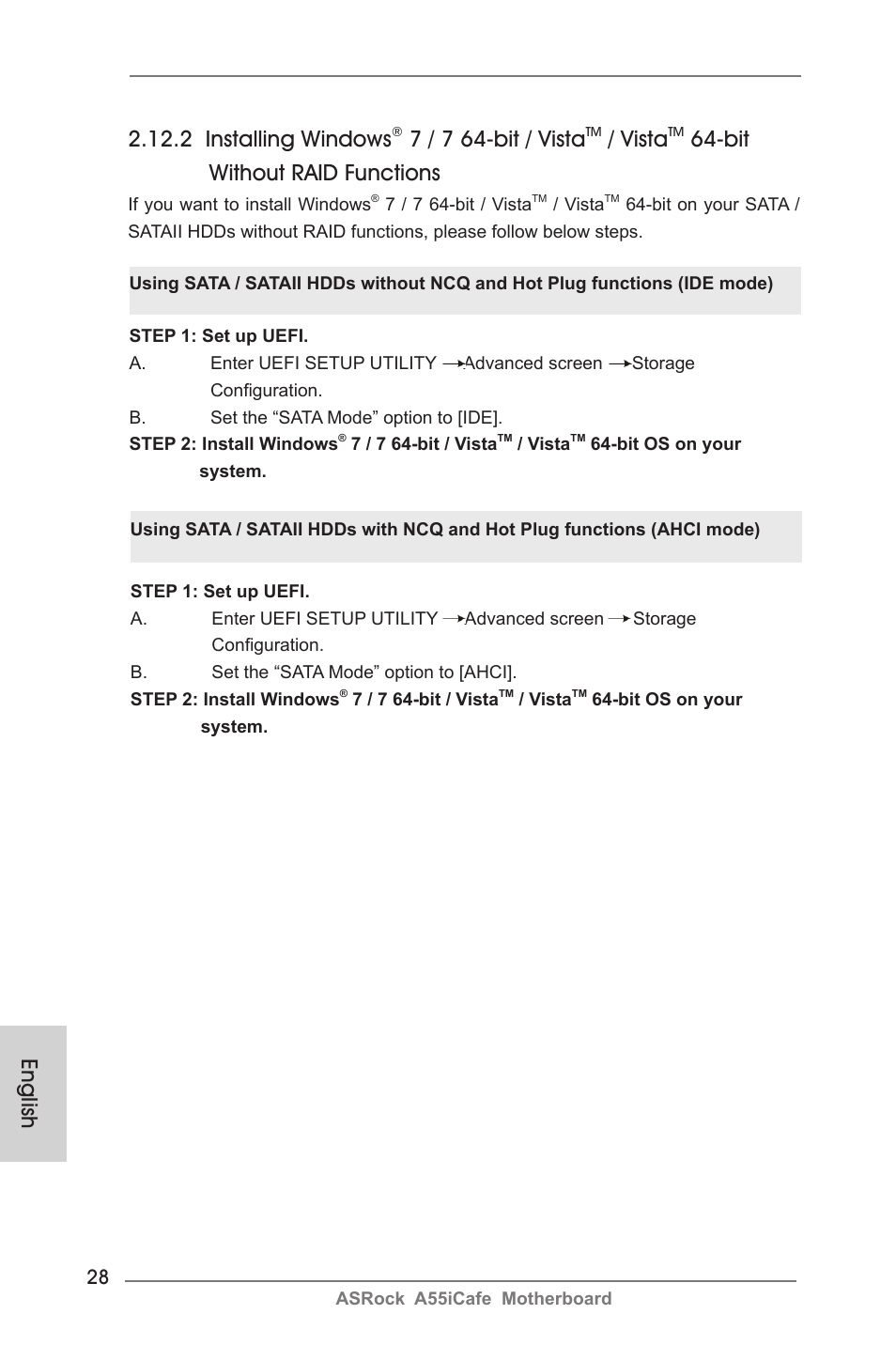 English, 2 installing windows, 7 / 7 64-bit / vista | Vista, Bit without raid functions | ASRock A55iCafe User Manual | Page 28 / 115