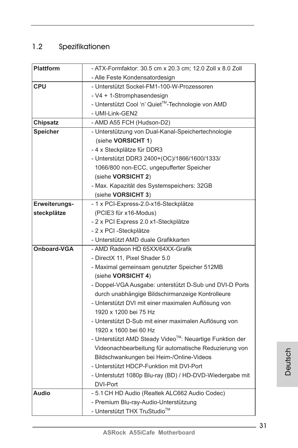 2 spezifikationen, Deutsch | ASRock A55iCafe User Manual | Page 31 / 115