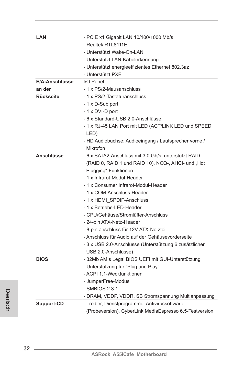 Deutsch | ASRock A55iCafe User Manual | Page 32 / 115