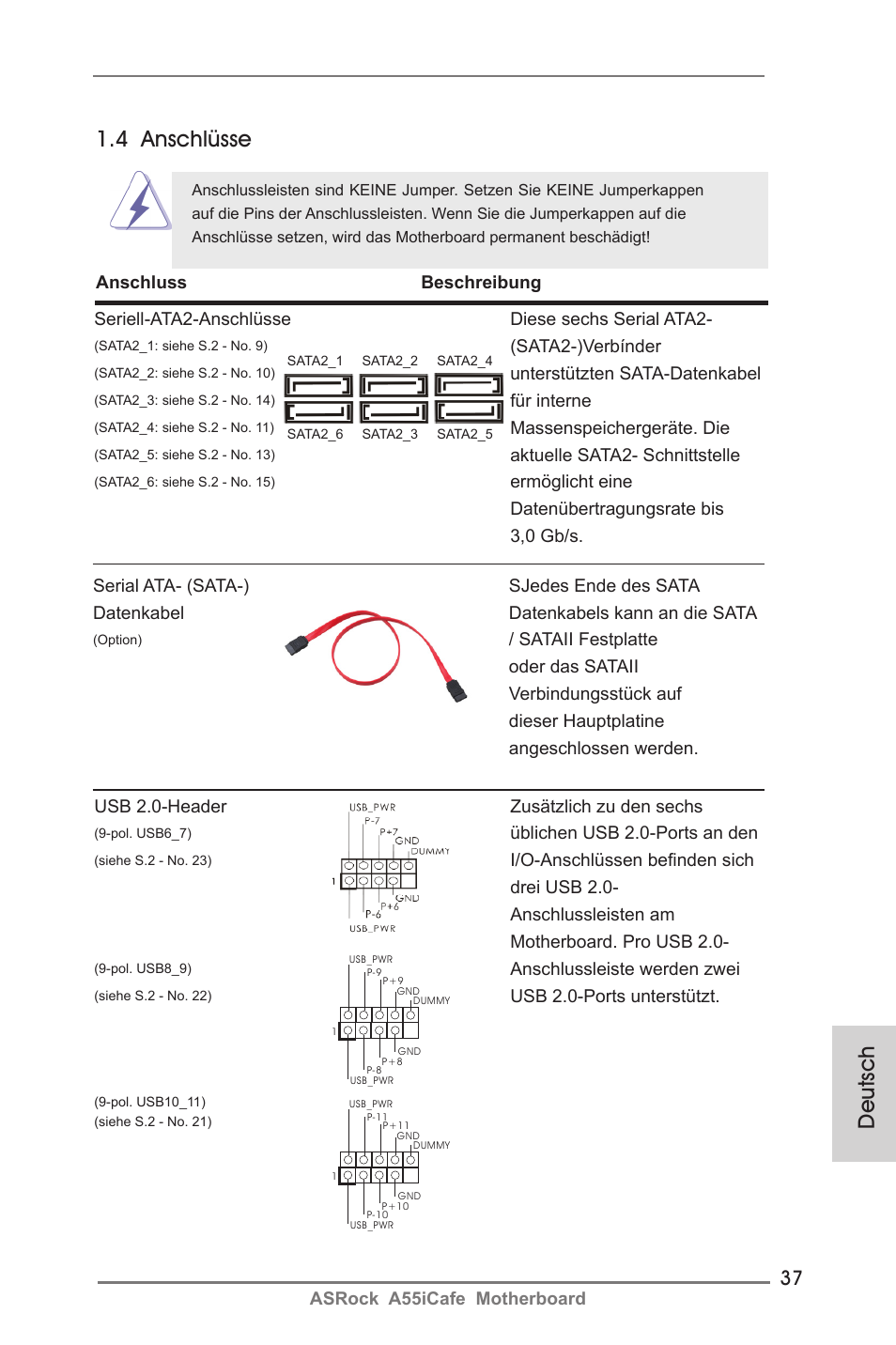 Deutsch, 4 anschlüsse | ASRock A55iCafe User Manual | Page 37 / 115