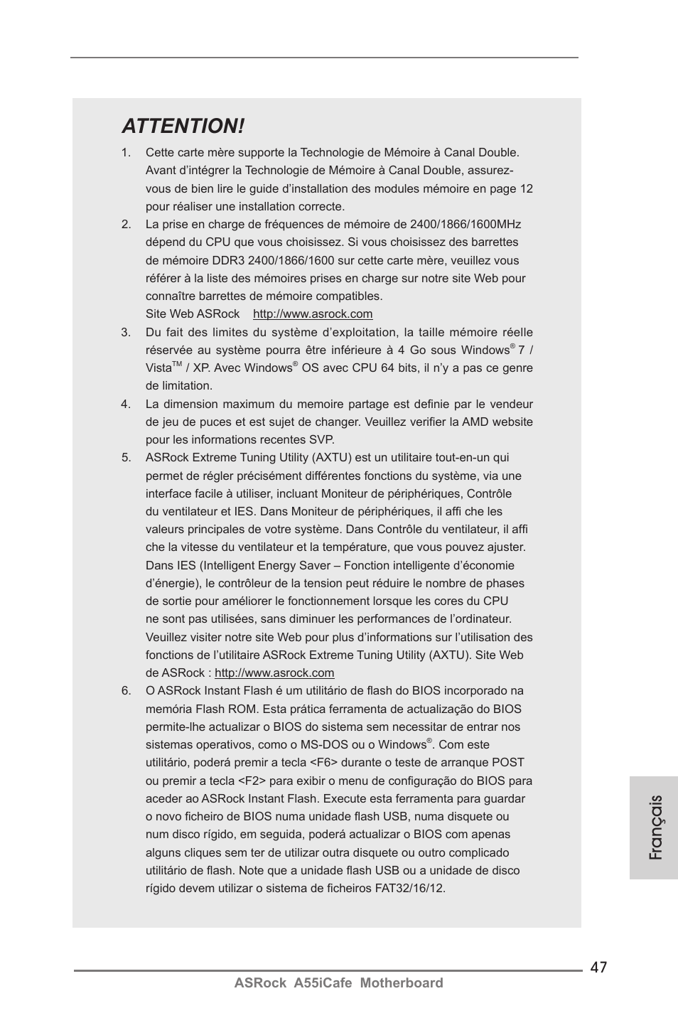 Attention, Français | ASRock A55iCafe User Manual | Page 47 / 115