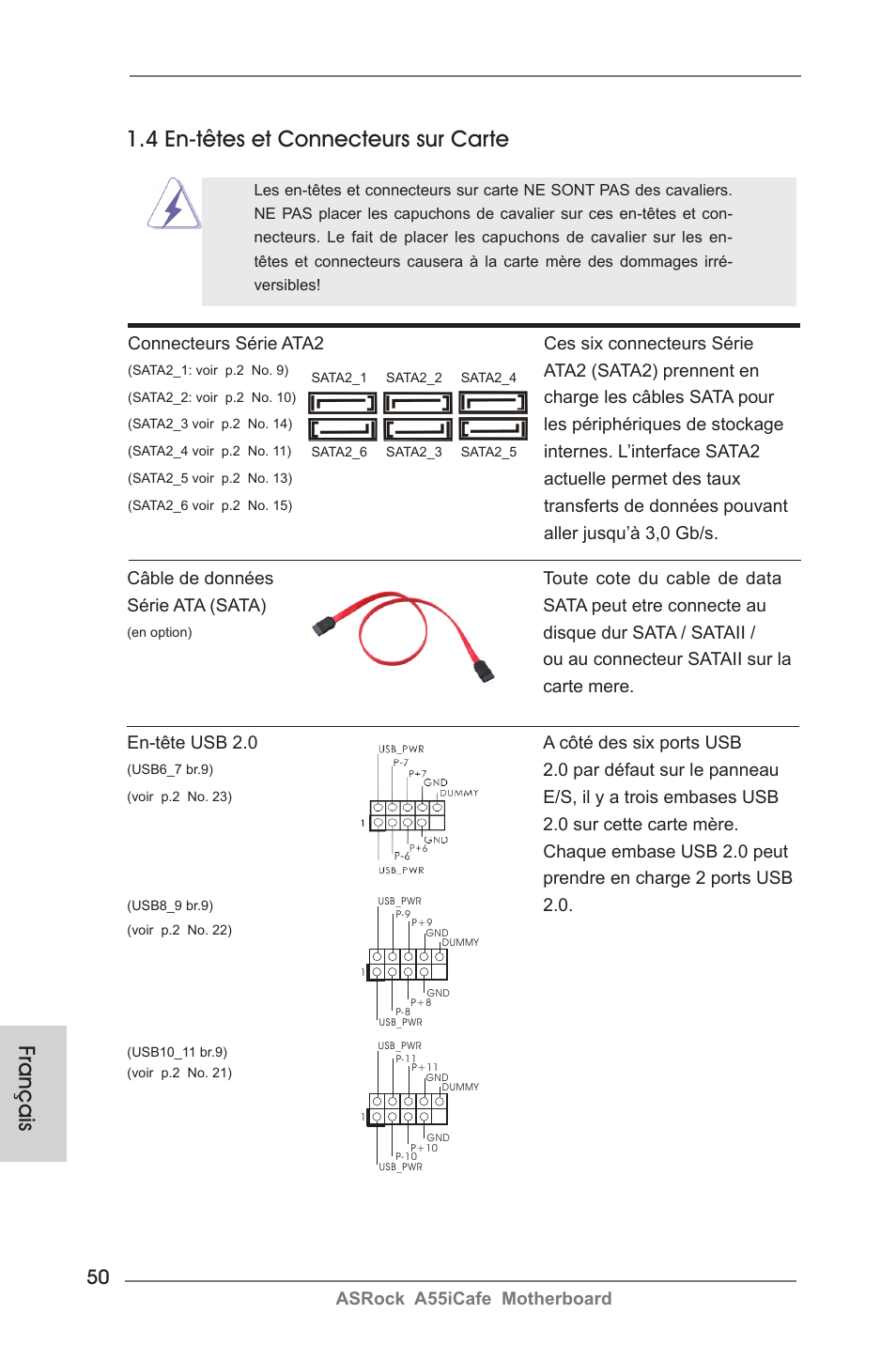 Français, 4 en-têtes et connecteurs sur carte | ASRock A55iCafe User Manual | Page 50 / 115