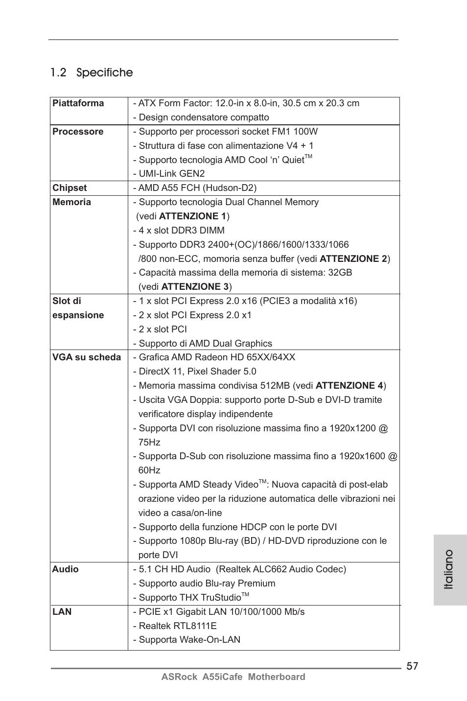 Italiano 1.2 specifiche | ASRock A55iCafe User Manual | Page 57 / 115