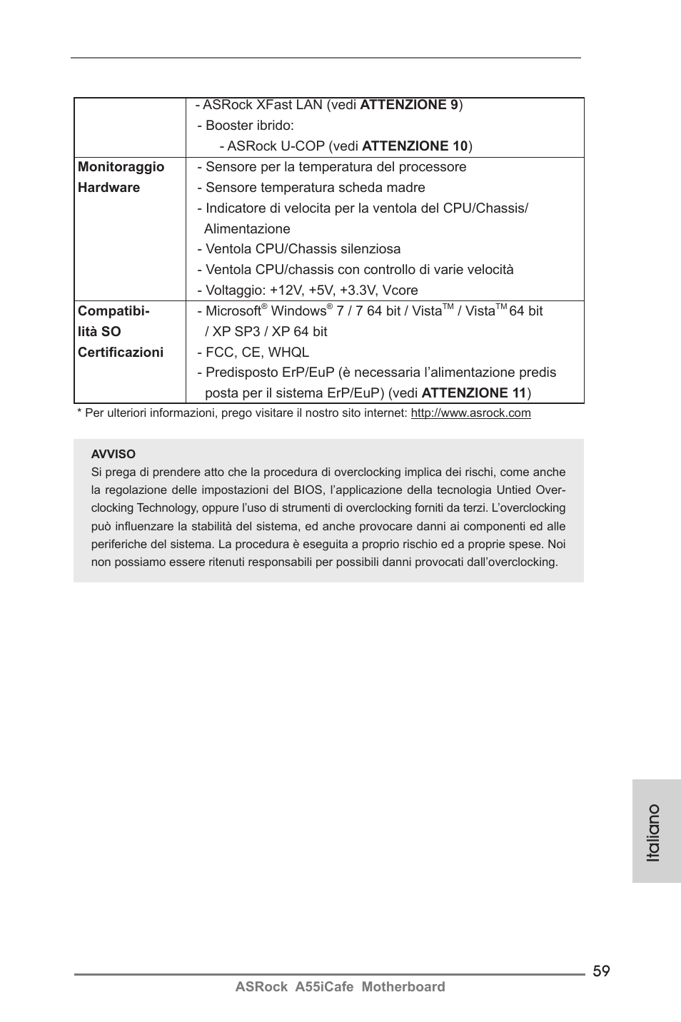 Italiano | ASRock A55iCafe User Manual | Page 59 / 115