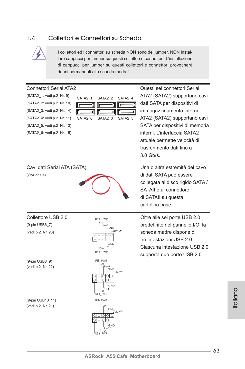 Italiano, 4 collettori e connettori su scheda | ASRock A55iCafe User Manual | Page 63 / 115