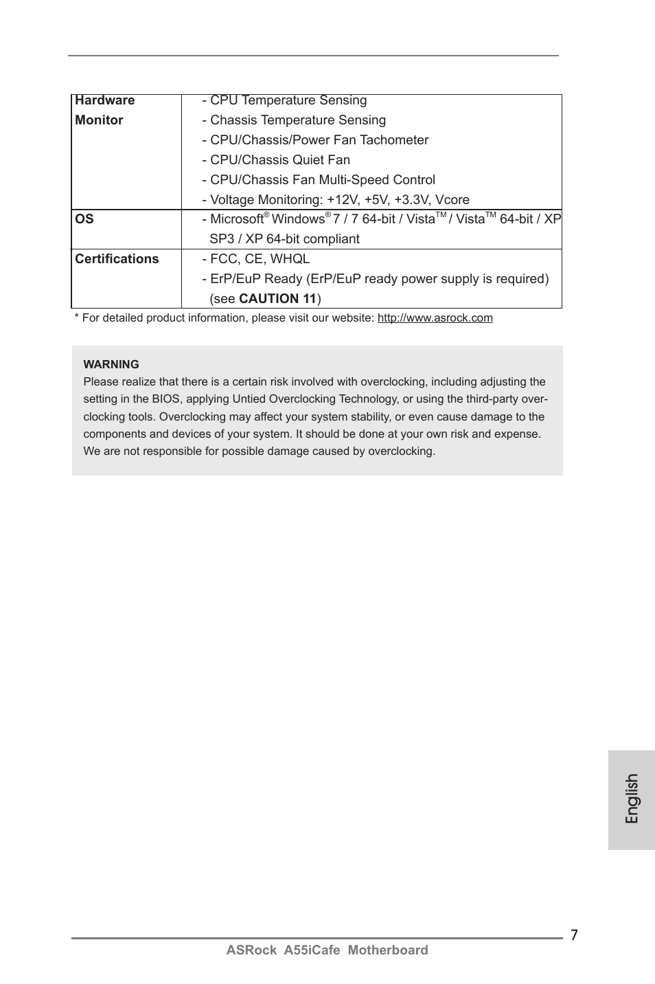 English | ASRock A55iCafe User Manual | Page 7 / 115