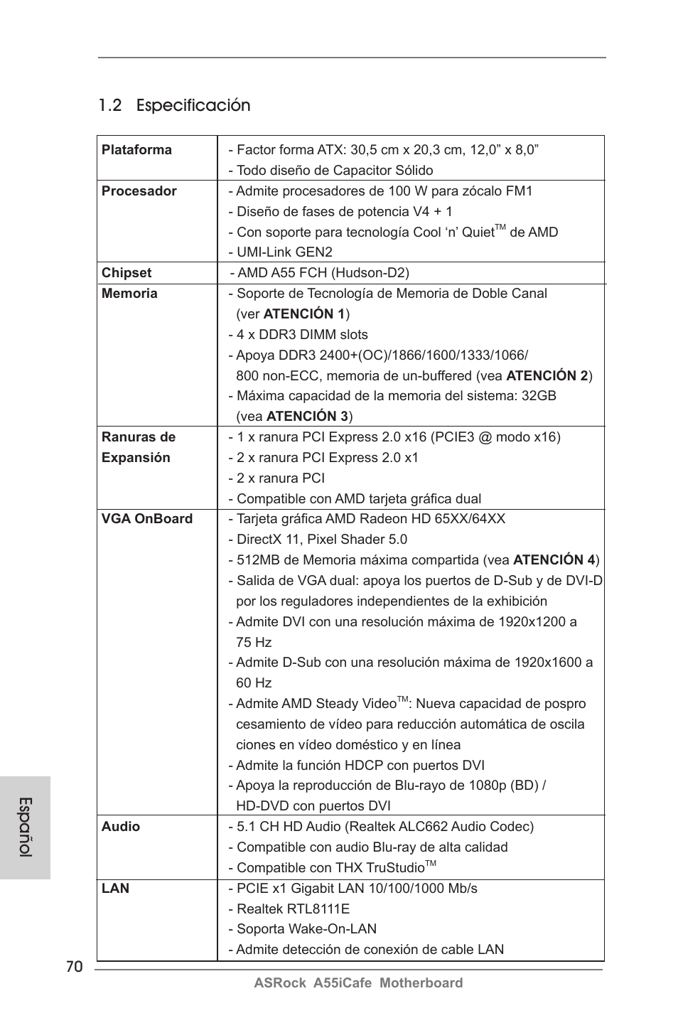 Español 1.2 especificación | ASRock A55iCafe User Manual | Page 70 / 115