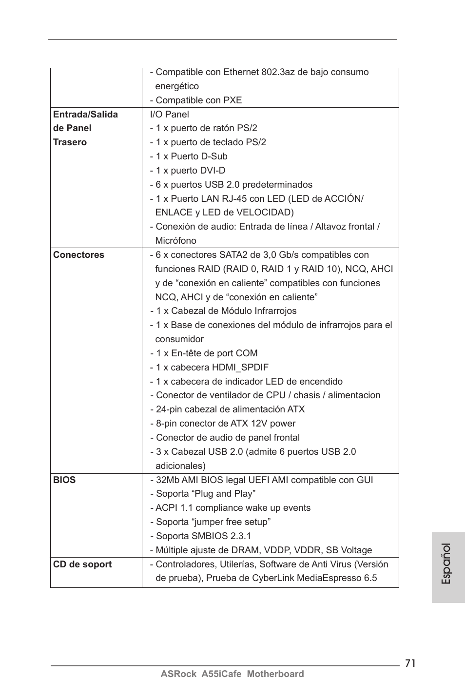 Español | ASRock A55iCafe User Manual | Page 71 / 115