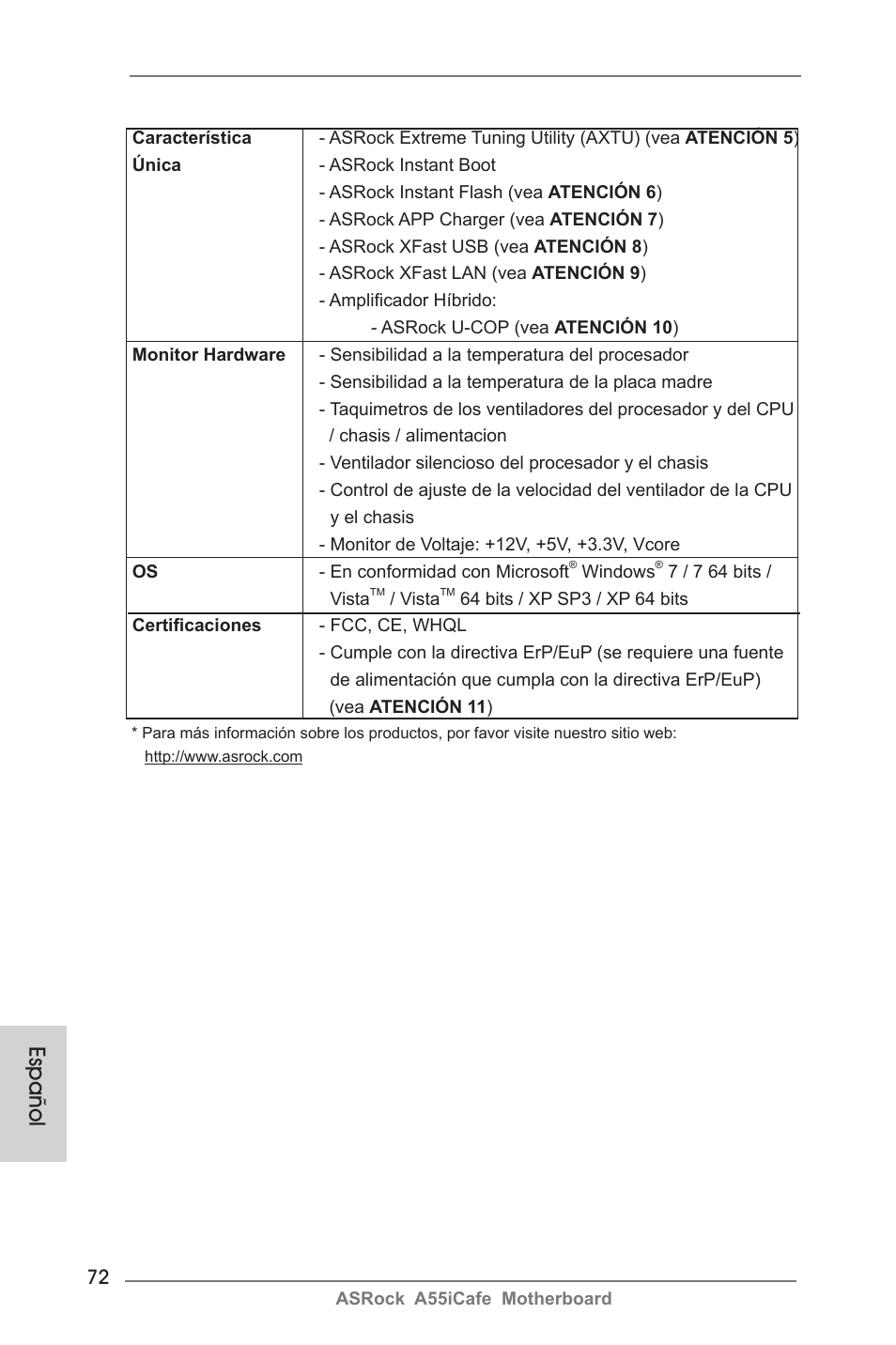 Español | ASRock A55iCafe User Manual | Page 72 / 115