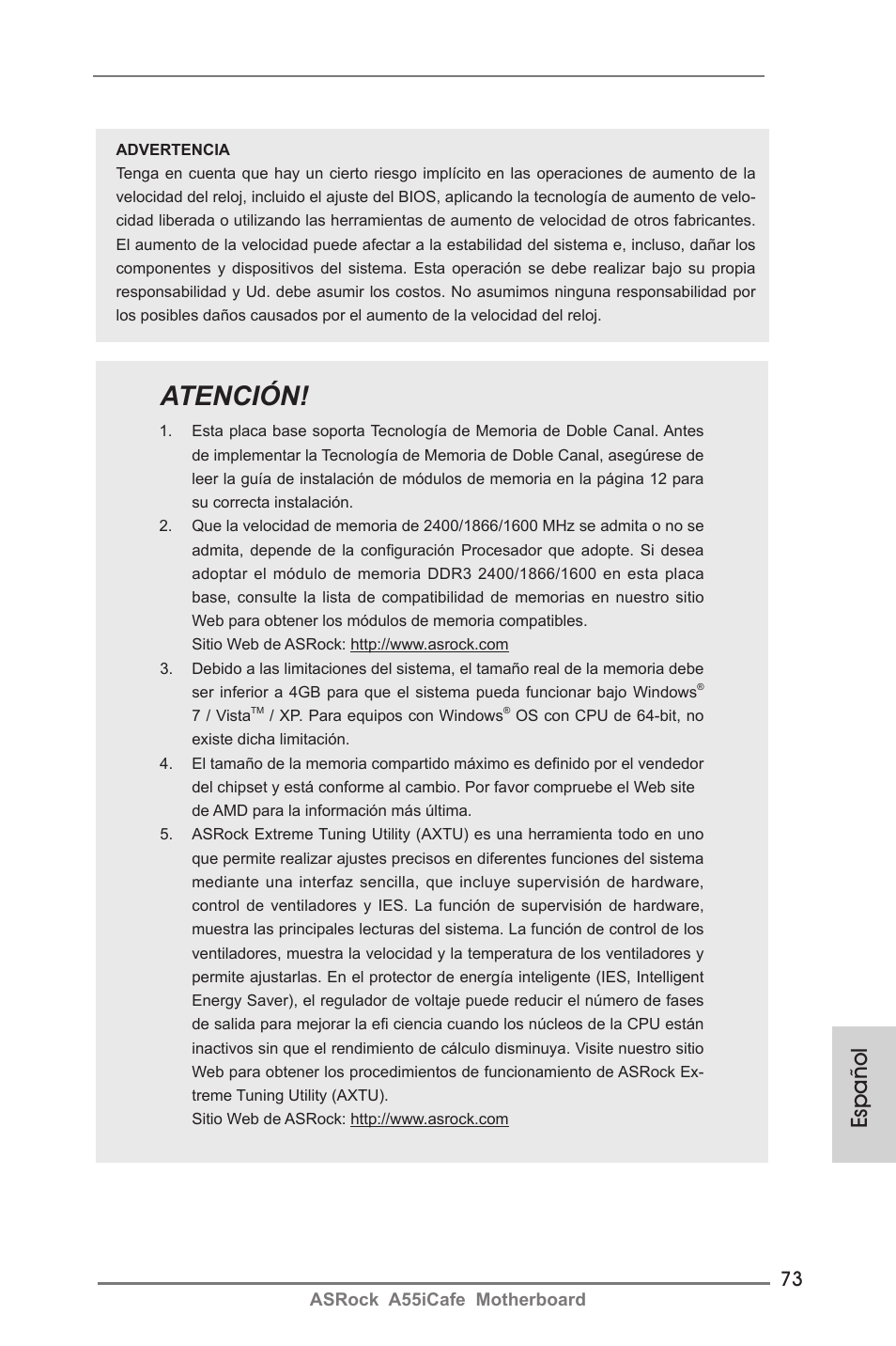 Atención, Español | ASRock A55iCafe User Manual | Page 73 / 115