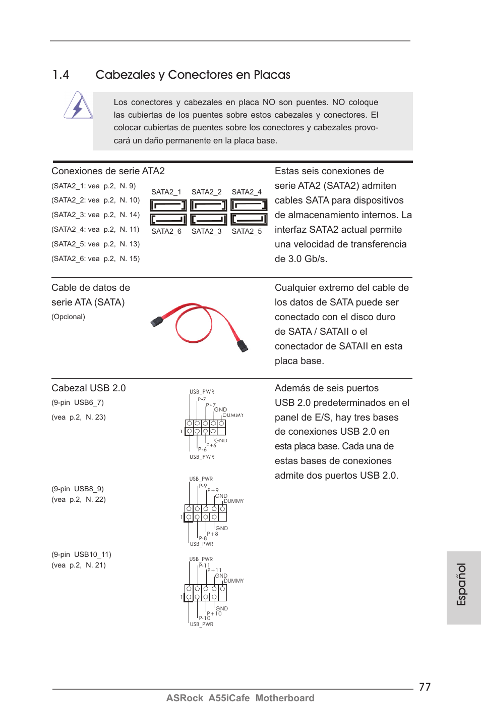 Español, 4 cabezales y conectores en placas | ASRock A55iCafe User Manual | Page 77 / 115