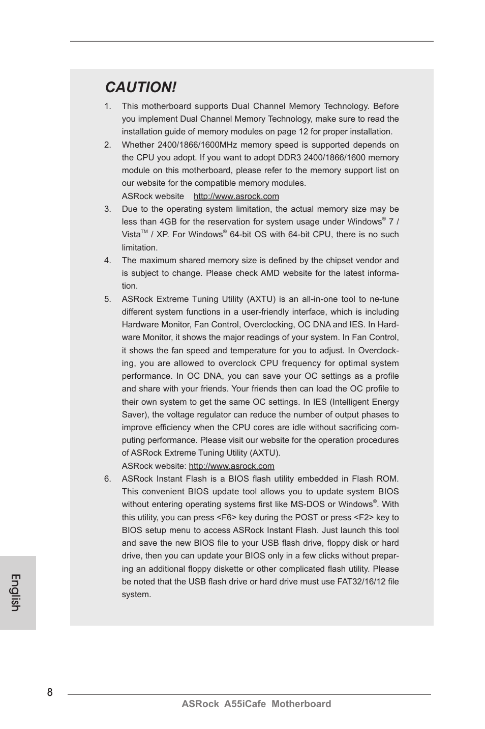 Caution, English | ASRock A55iCafe User Manual | Page 8 / 115