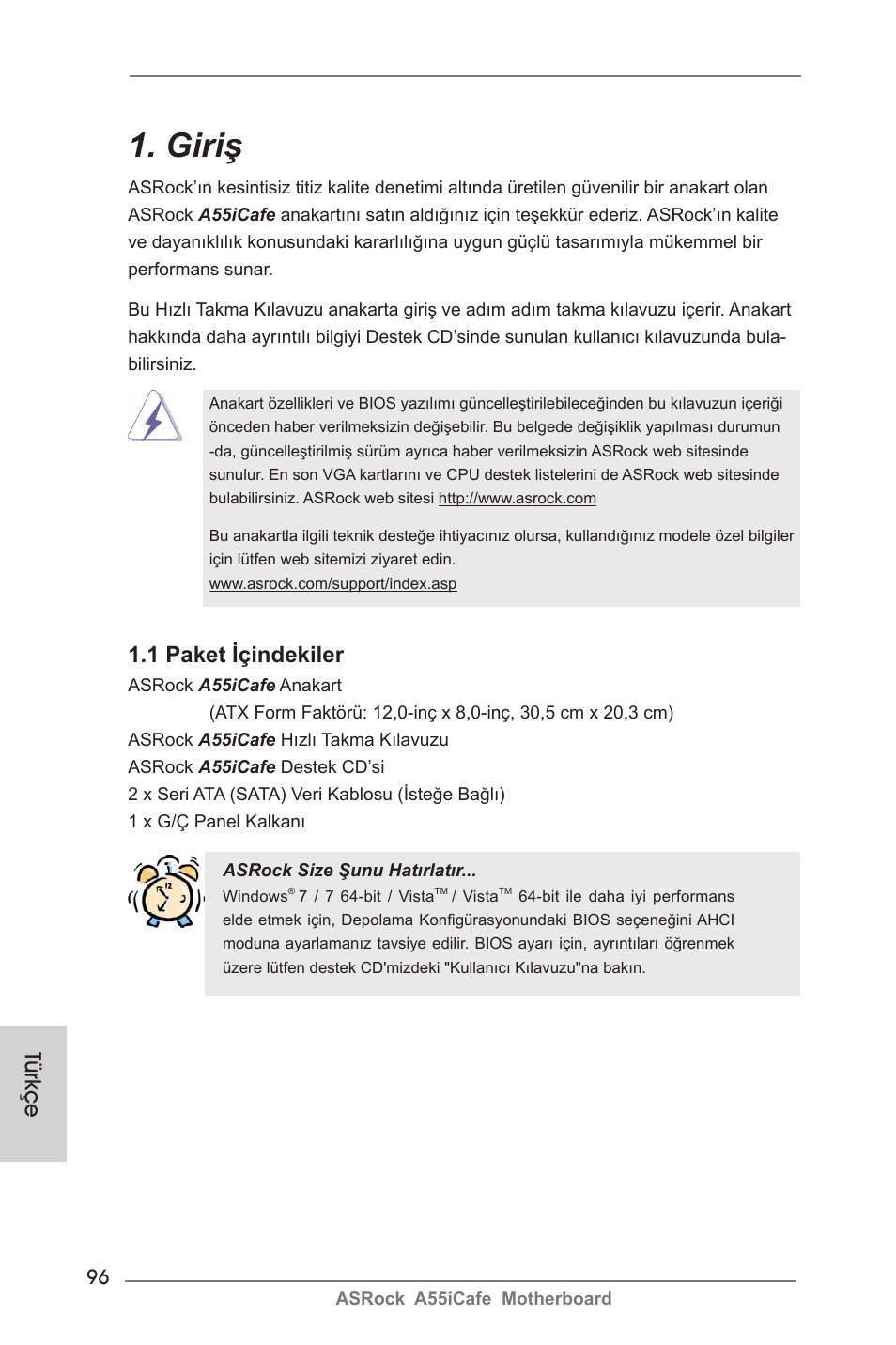 Turkish, Giriş, 1 paket içindekiler | Türkçe | ASRock A55iCafe User Manual | Page 96 / 115