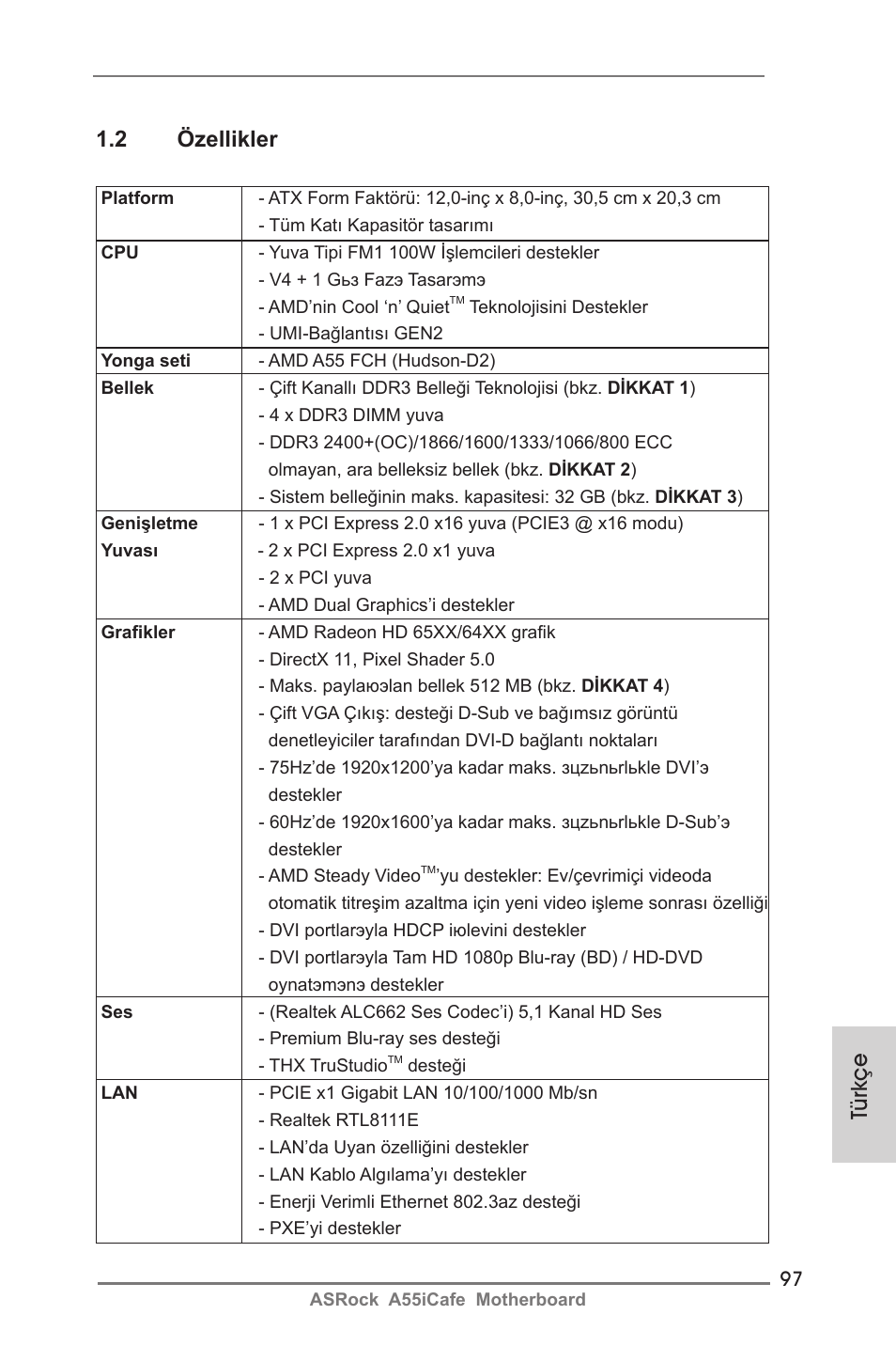 Türkçe 1.2 özellikler | ASRock A55iCafe User Manual | Page 97 / 115
