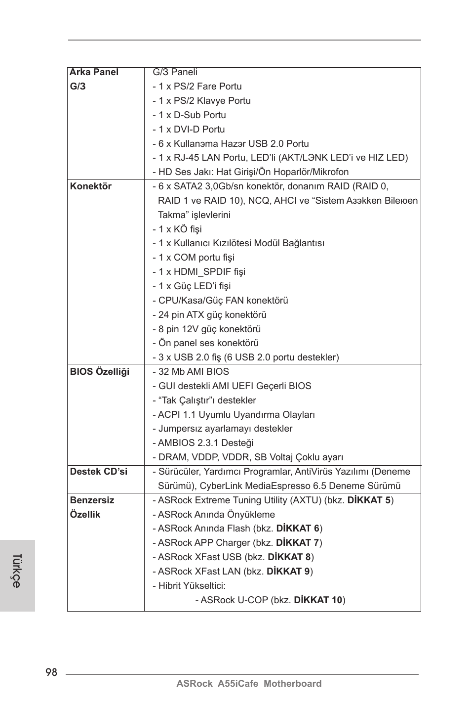 Türkçe | ASRock A55iCafe User Manual | Page 98 / 115