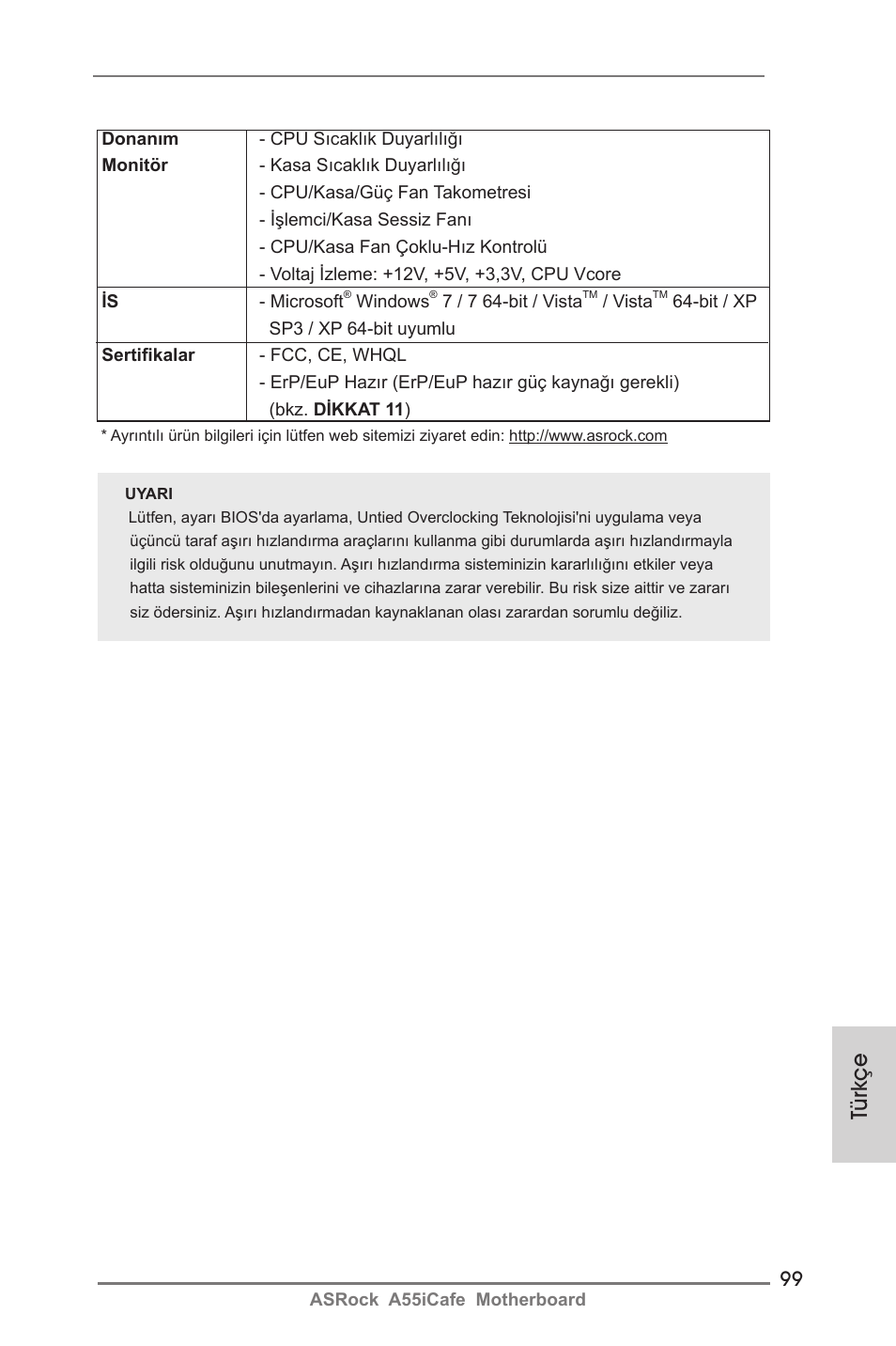 Türkçe | ASRock A55iCafe User Manual | Page 99 / 115