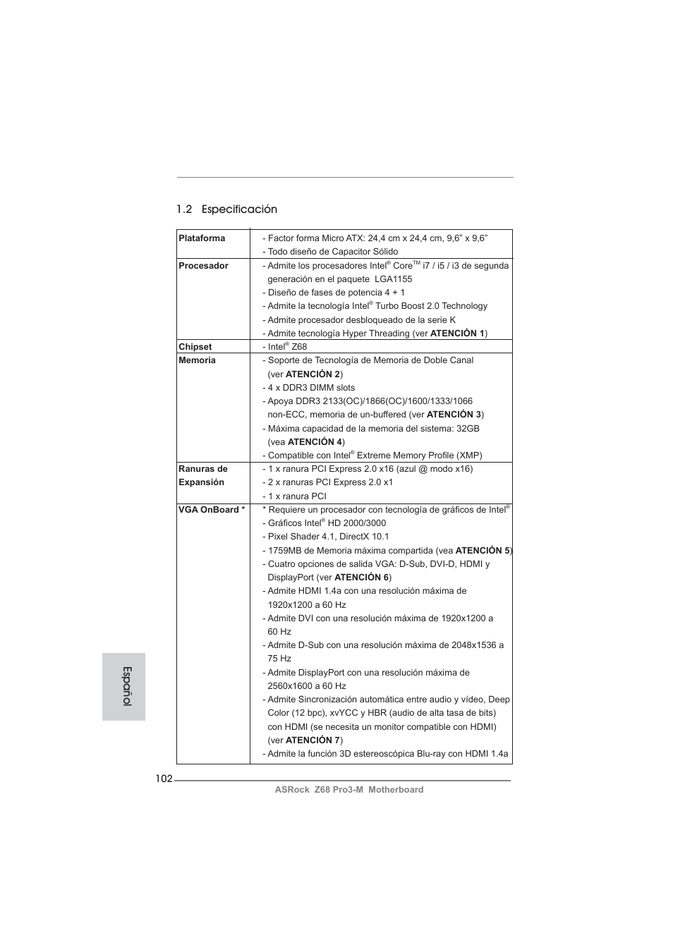 2 especificación, Español | ASRock Z68 Pro3-M User Manual | Page 102 / 256