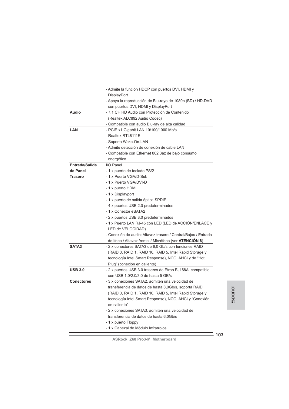 Español | ASRock Z68 Pro3-M User Manual | Page 103 / 256