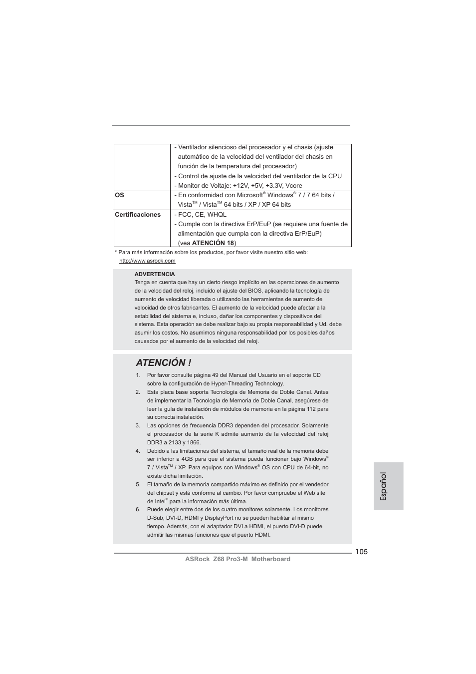 Atención, Español | ASRock Z68 Pro3-M User Manual | Page 105 / 256