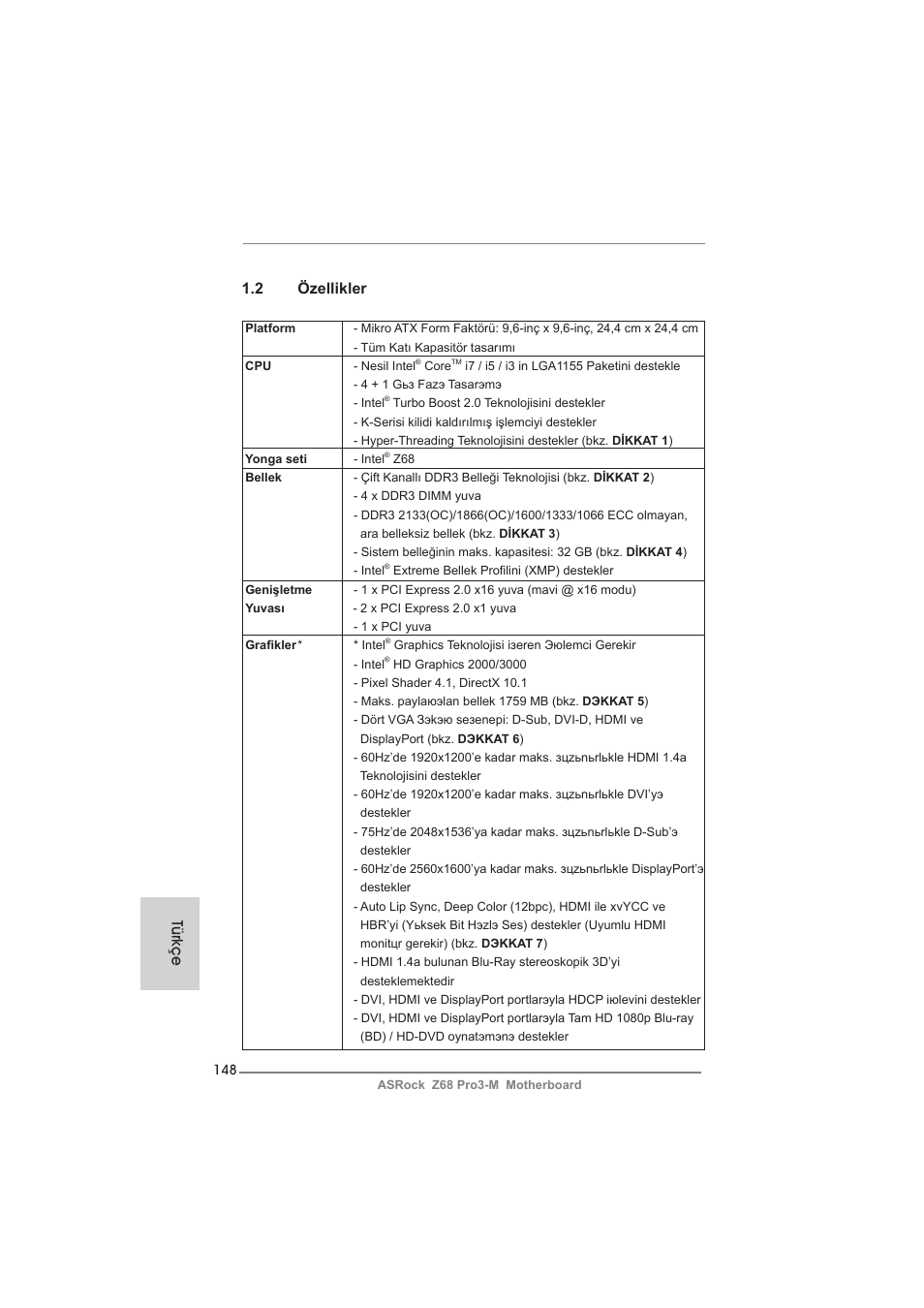 2 özellikler, Türkçe | ASRock Z68 Pro3-M User Manual | Page 148 / 256