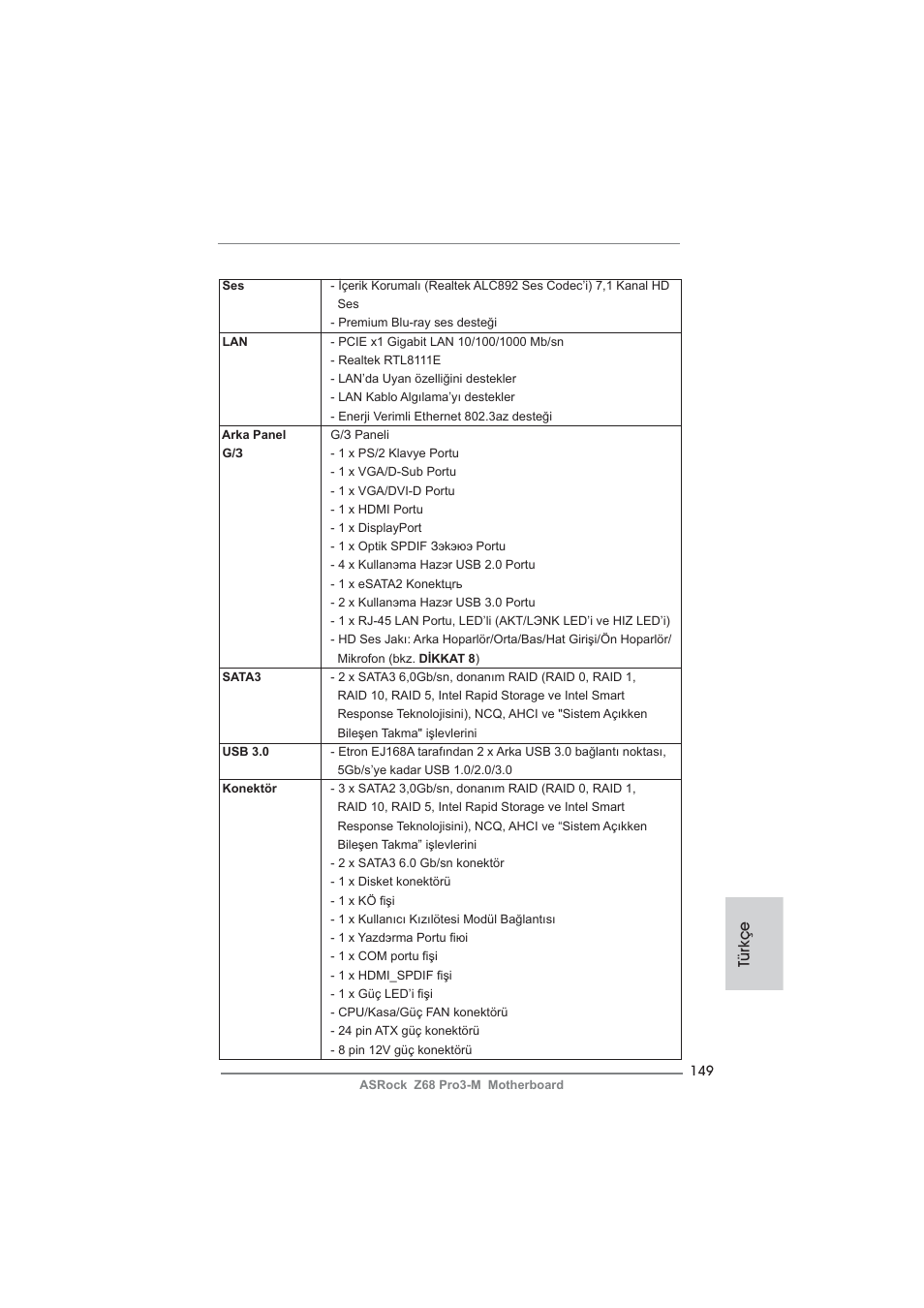 Türkçe | ASRock Z68 Pro3-M User Manual | Page 149 / 256