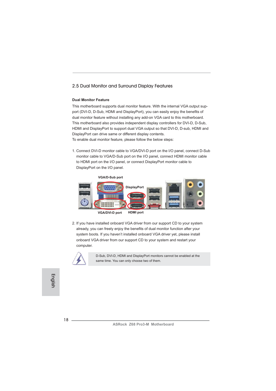 English, 5 dual monitor and surround display features | ASRock Z68 Pro3-M User Manual | Page 18 / 256