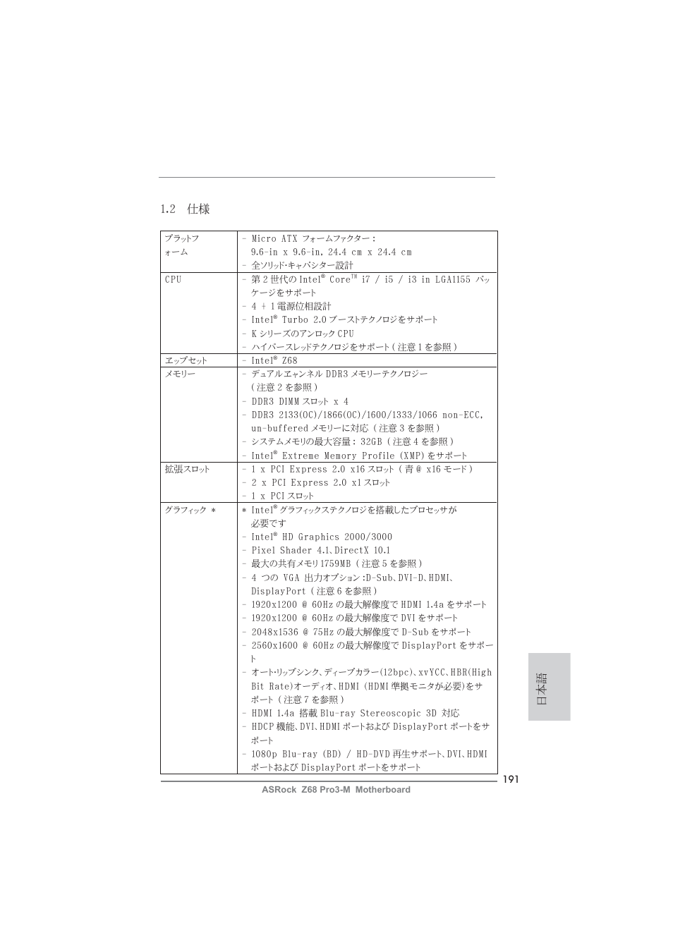 日本語 1.2 仕様 | ASRock Z68 Pro3-M User Manual | Page 191 / 256