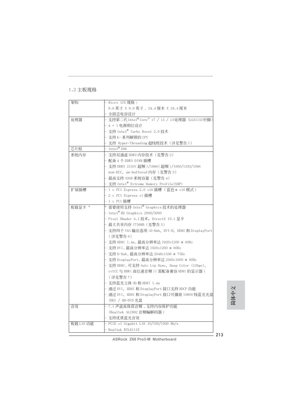 簡體中文 1.2 主板規格 | ASRock Z68 Pro3-M User Manual | Page 213 / 256