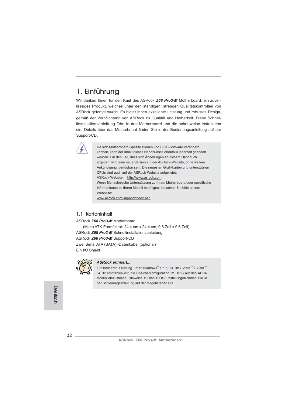 German, Einführung, 1 kartoninhalt | Deutsch | ASRock Z68 Pro3-M User Manual | Page 32 / 256