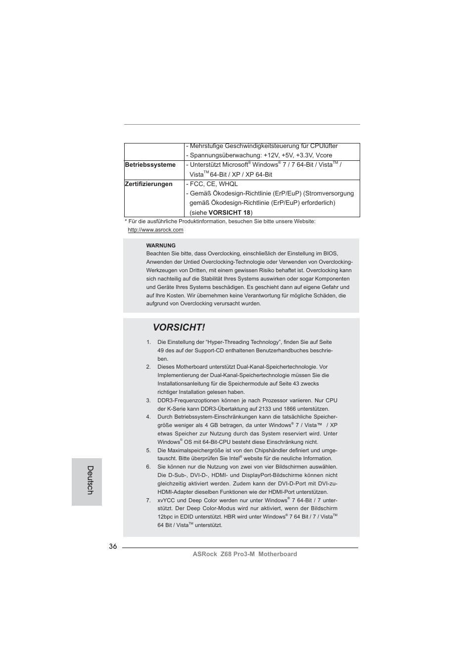 Vorsicht, Deutsch | ASRock Z68 Pro3-M User Manual | Page 36 / 256