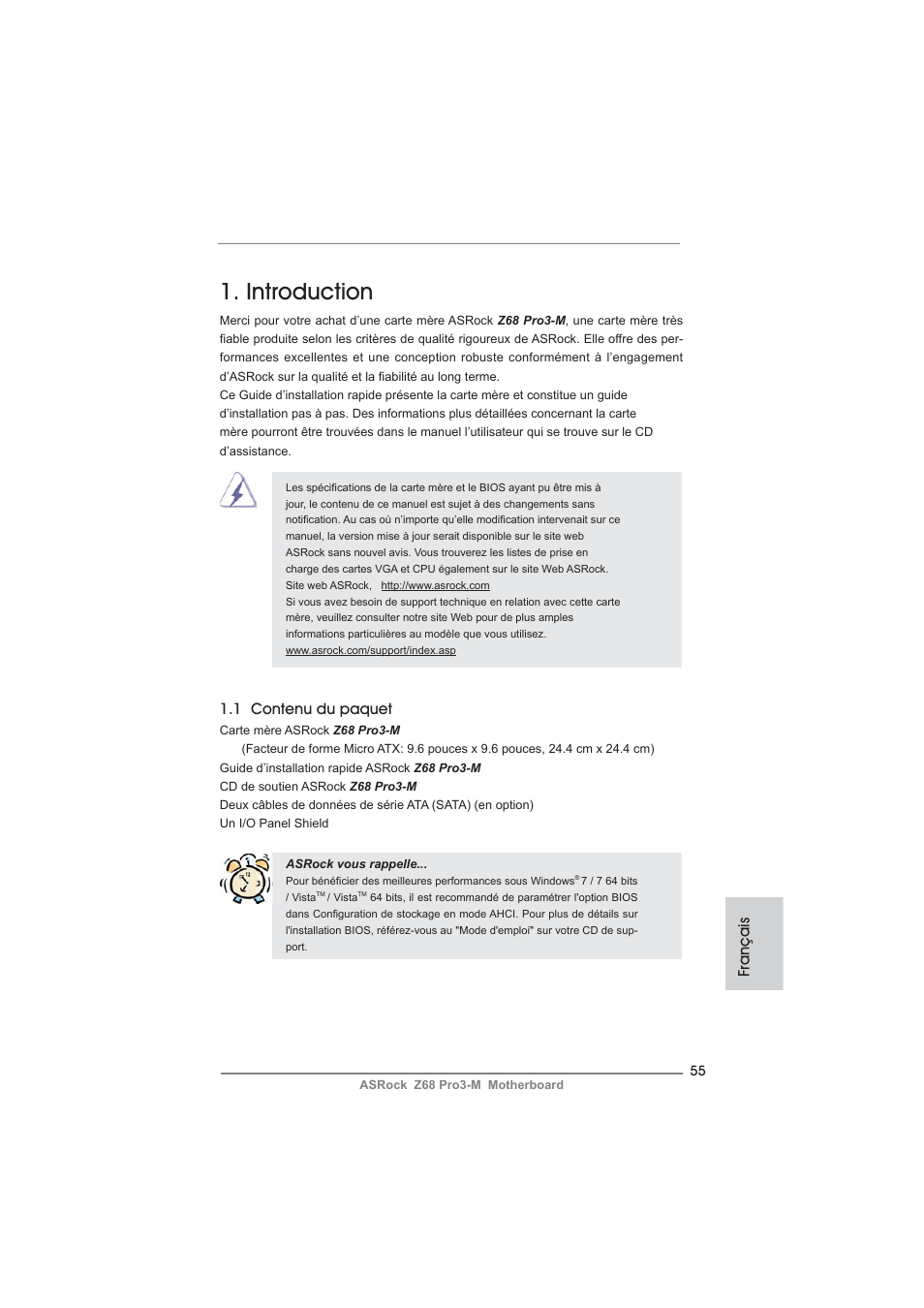 French, Introduction, Français | 1 contenu du paquet | ASRock Z68 Pro3-M User Manual | Page 55 / 256