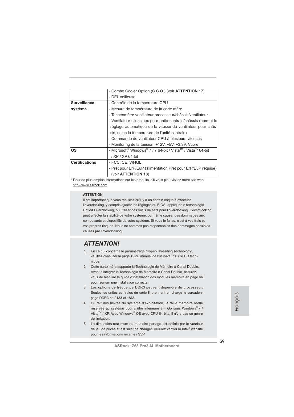Attention, Français | ASRock Z68 Pro3-M User Manual | Page 59 / 256