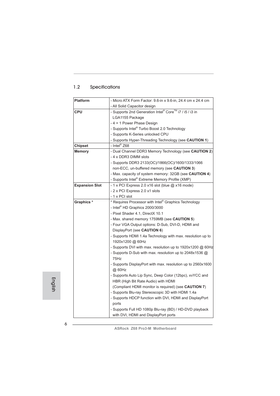 English 1.2 specifications | ASRock Z68 Pro3-M User Manual | Page 6 / 256