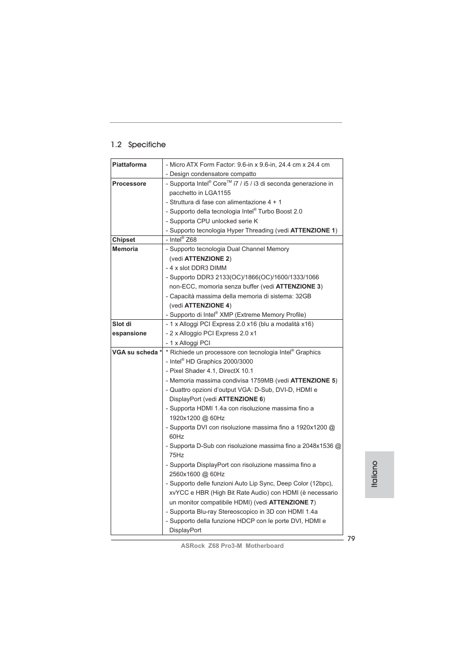 Italiano 1.2 specifiche | ASRock Z68 Pro3-M User Manual | Page 79 / 256
